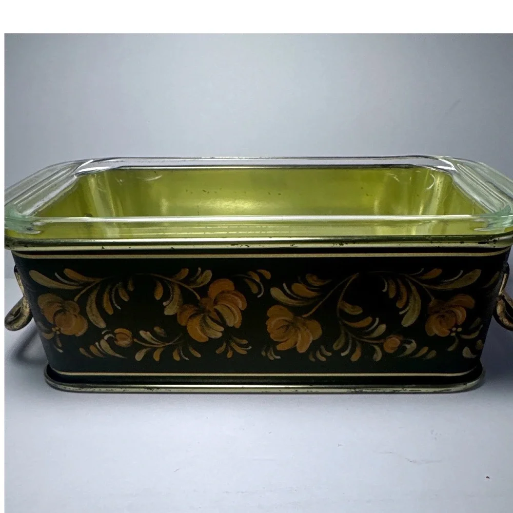 Pyrex Loaf Pan 213 with Floral Metal Cradle Green Gold Vintage Glass Good 1.5QT
